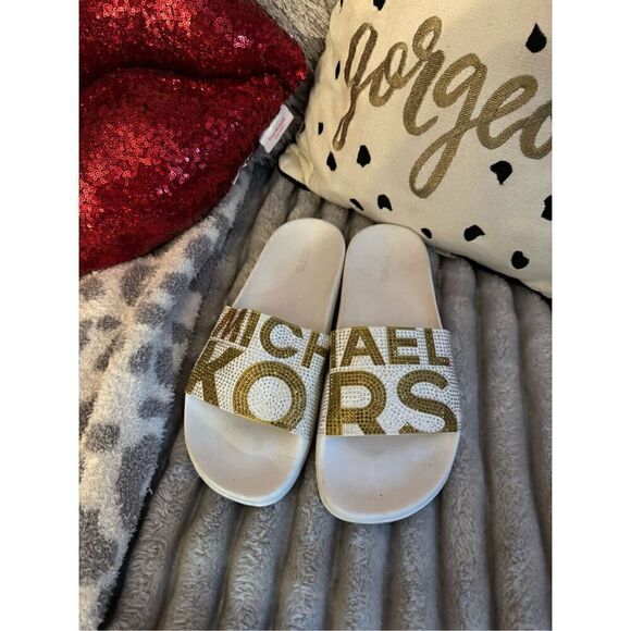 Sz10 nwot michael Kors Gilmore pool slide sandals w/logo bling gold white rhines - Picture 5 of 9